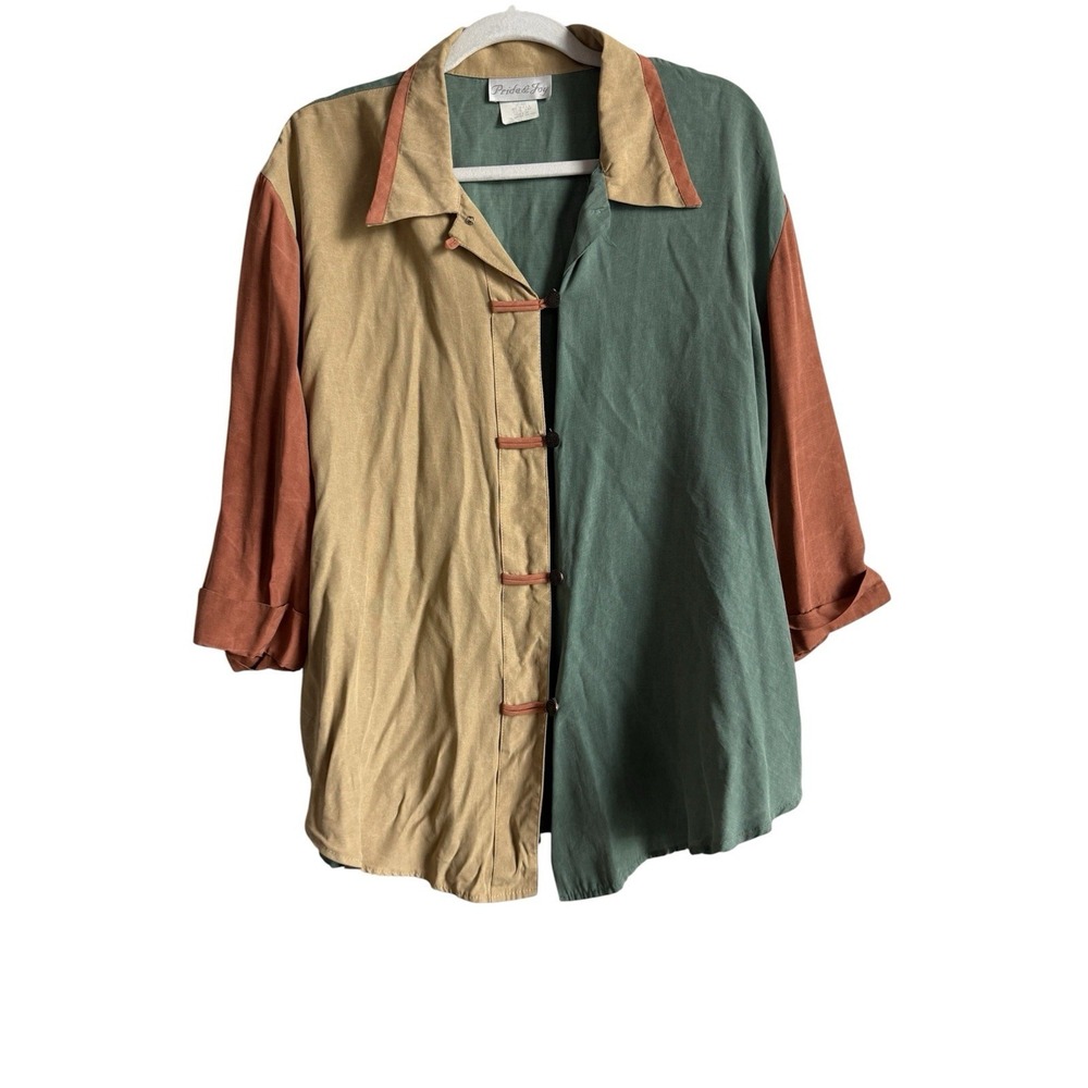 VTG Pride & Joy Color Block Tunic Shirt Asian Frog Closure Earthy Women Size 14P